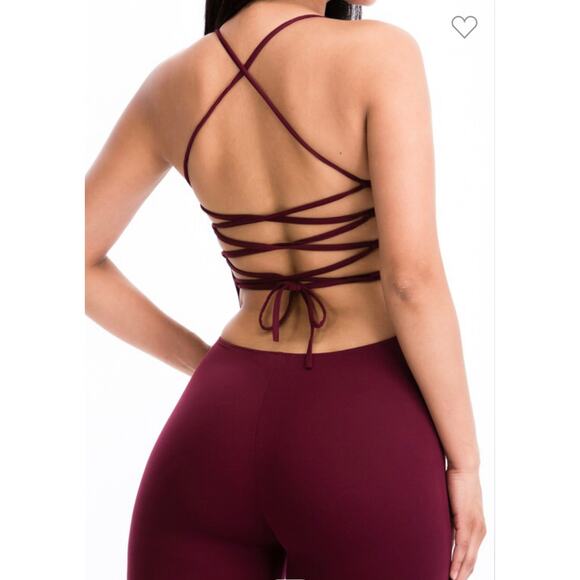 Criss-cross open back bodycon jumpsuit (Burgundy)-Large - Picture 4 of 4